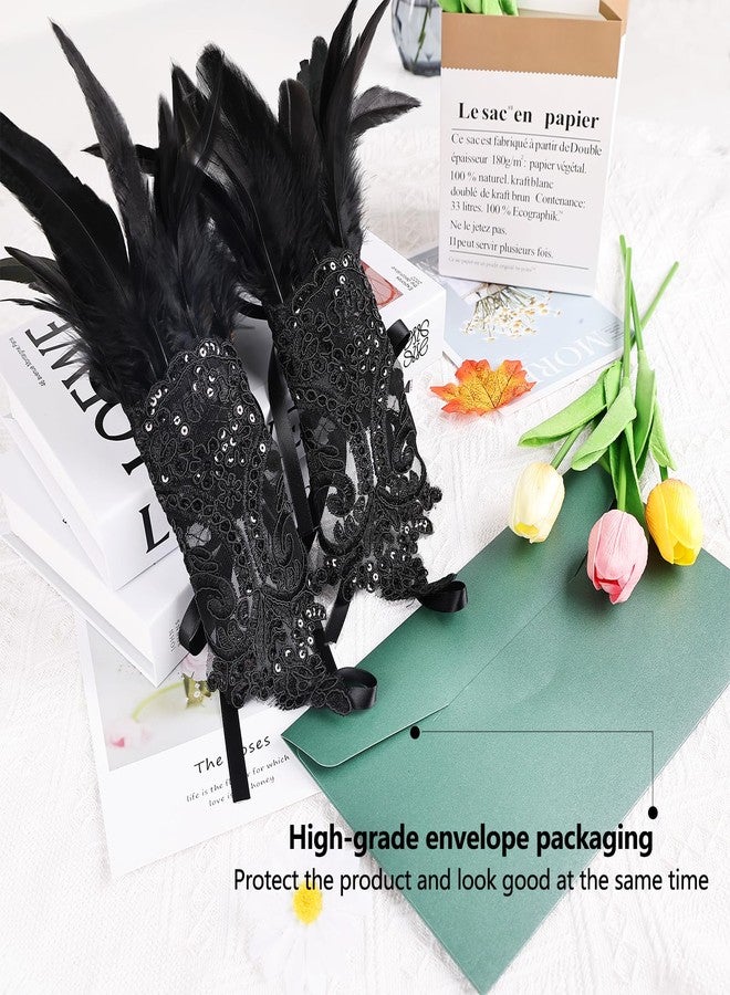 MAOFENG Women's Gothic Lace Feather Gloves Witch Angel Costume Accessories Swan Wings Wrist Bands Lace Fingerless Gloves,Black - Image 2